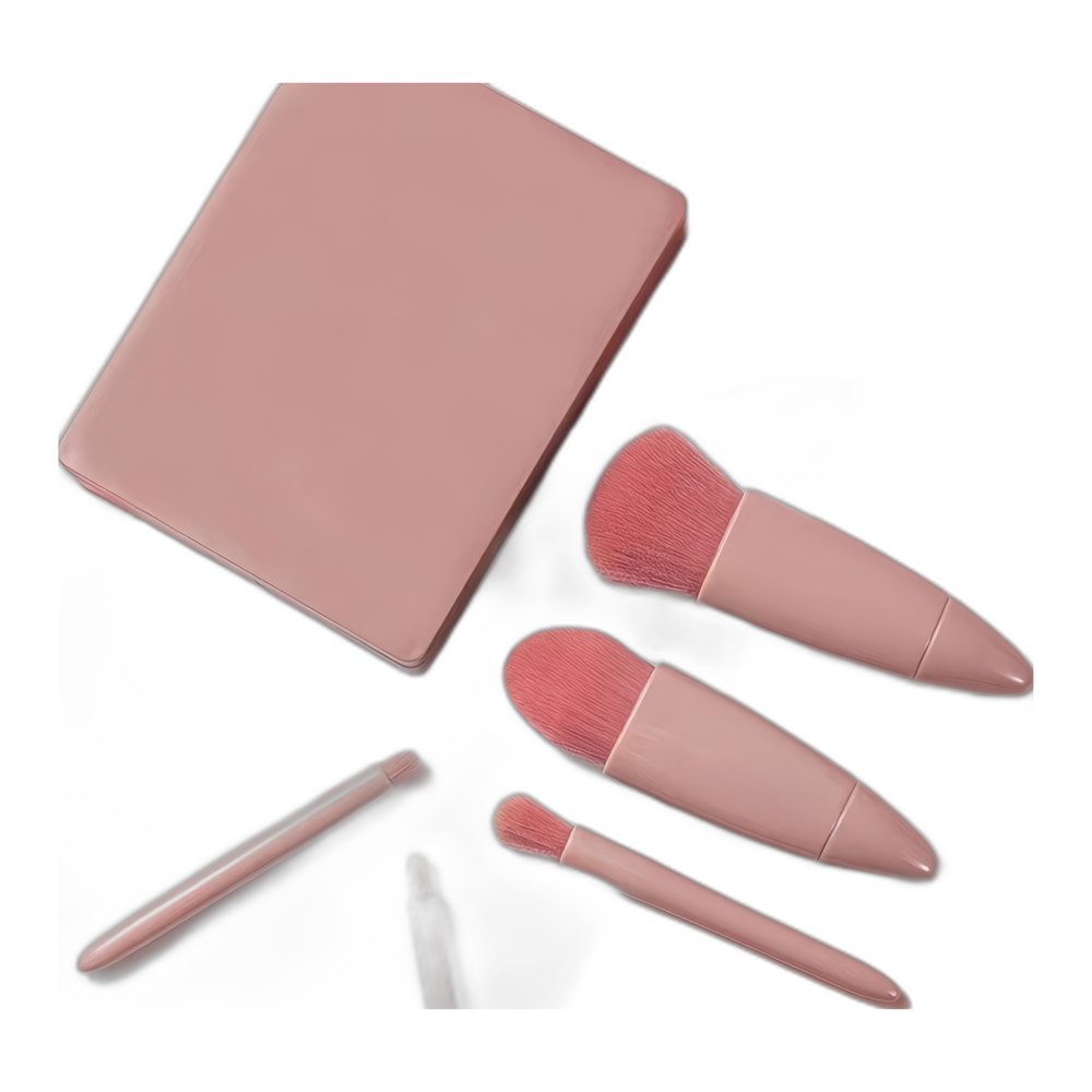 Portable Pink Makeup Brush Kit 5PCS Compact With Mirror Soft Bristles Blush Eyeshadow Foundation Beauty Tools